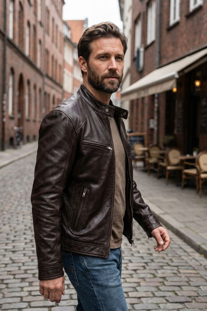 Men's Leather Jacket Biker Jacket with Zipper