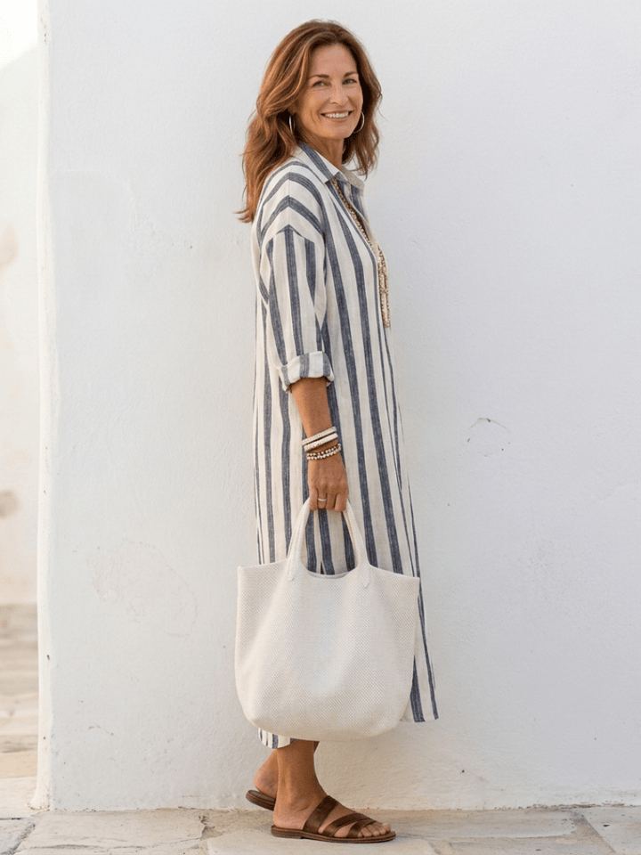 Emma & Rose Cape Town Naomi striped midi shirt dress with long sleeves, featuring a stylish, casual design and button-front detail.