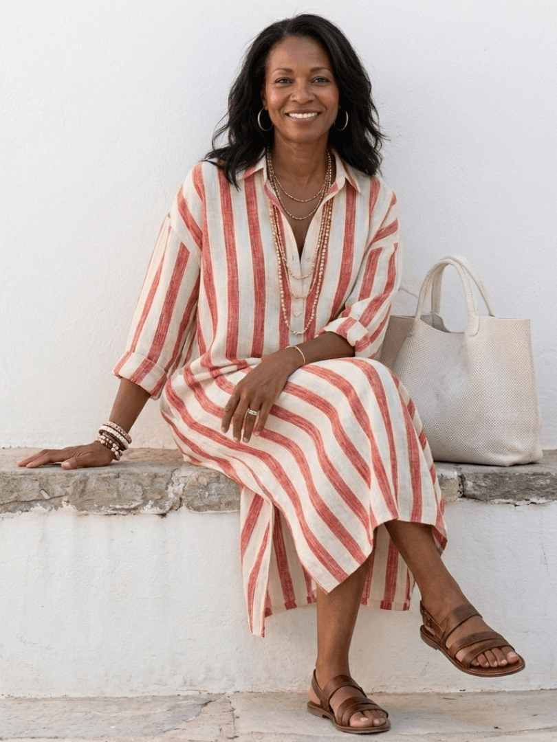 Emma & Rose Cape Town Naomi™ striped midi shirt dress with long sleeves, featuring a stylish button-down design and waist tie.