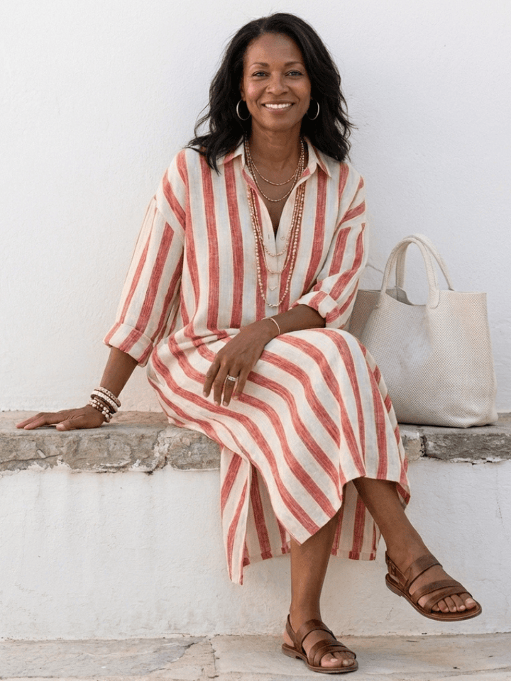 Emma & Rose Cape Town Naomi™ striped midi shirt dress with long sleeves, featuring a stylish button-down design and waist tie.