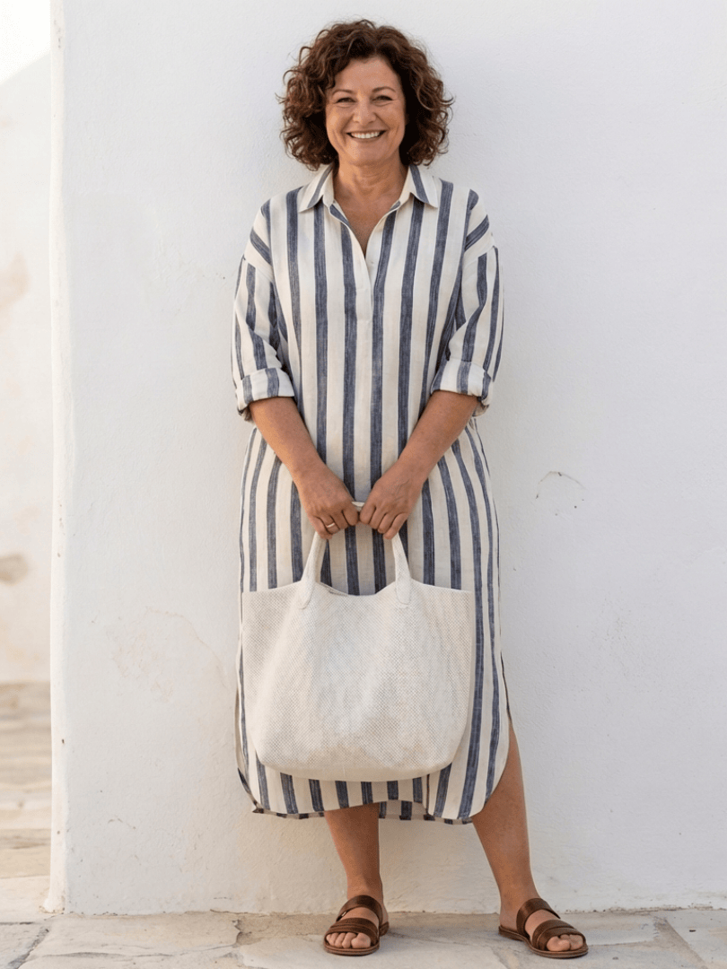 Emma & Rose Cape Town Naomi striped midi shirt dress with long sleeves, button-down front, and classic collar.