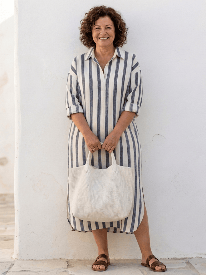 Emma & Rose Cape Town Naomi striped midi shirt dress with long sleeves, button-down front, and classic collar.