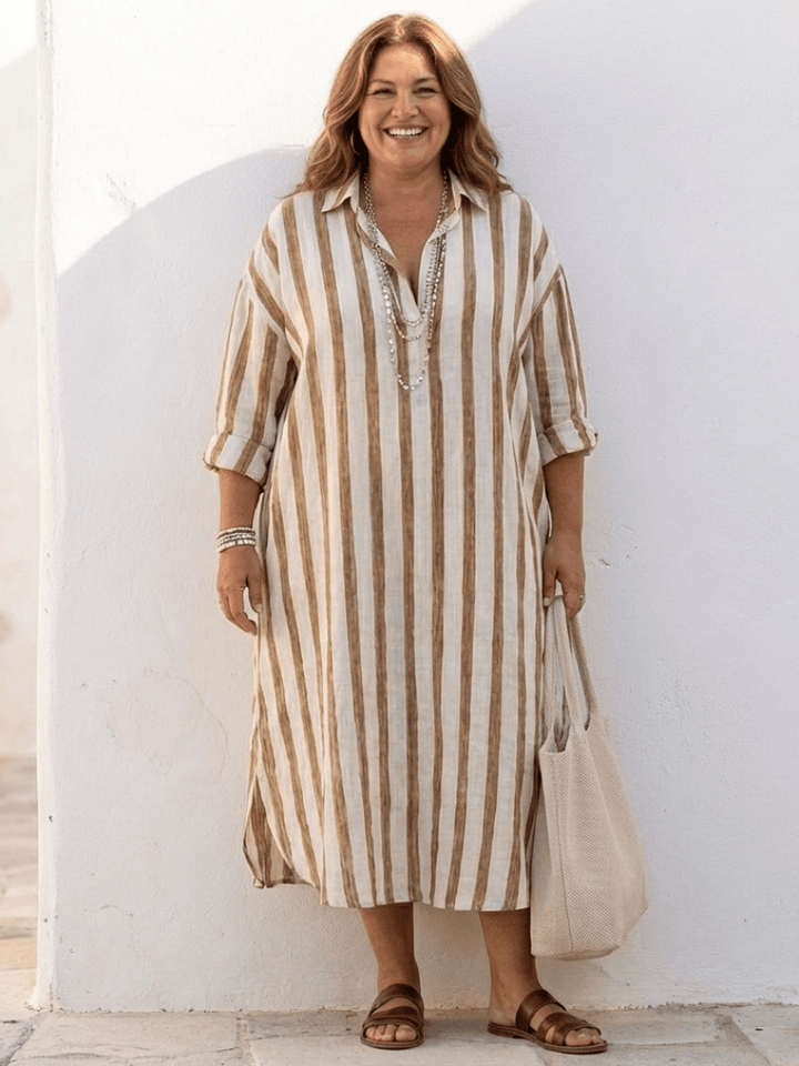 Long-sleeve Naomi™ striped midi shirt dress by Emma & Rose Cape Town, featuring a classic button-up design and belt waist.