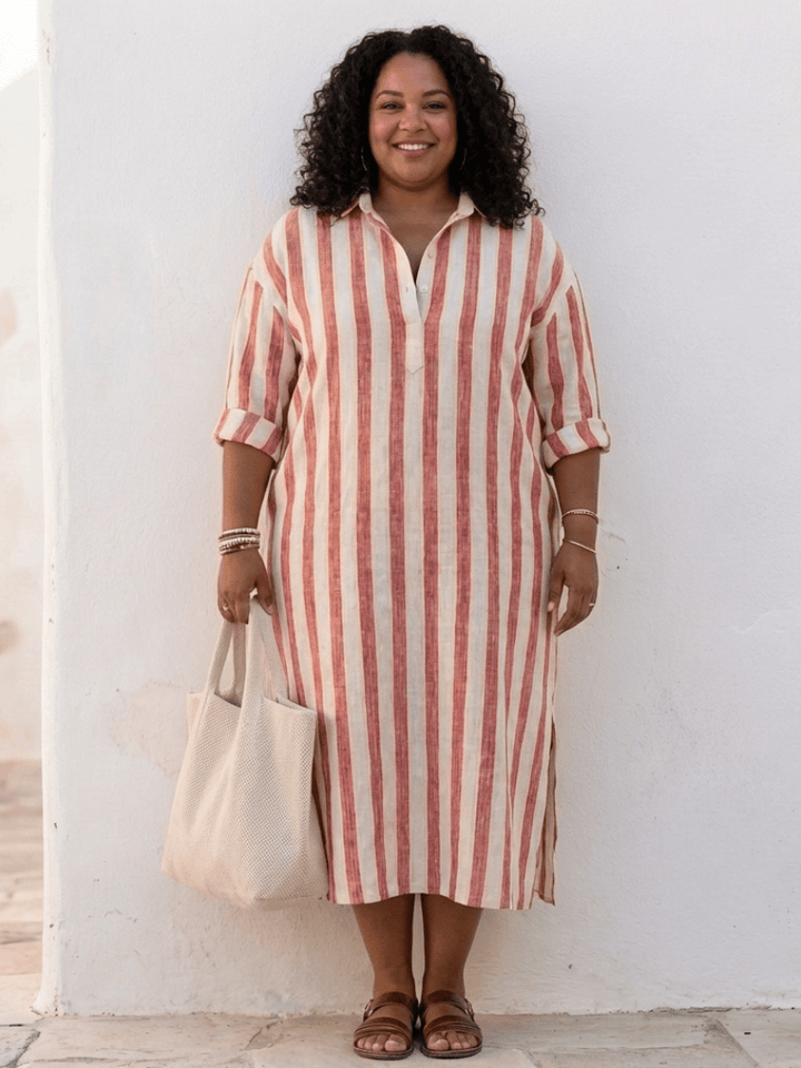 Naomi™ striped midi shirt dress by Emma & Rose Cape Town, featuring long sleeves and a classic button-up design.