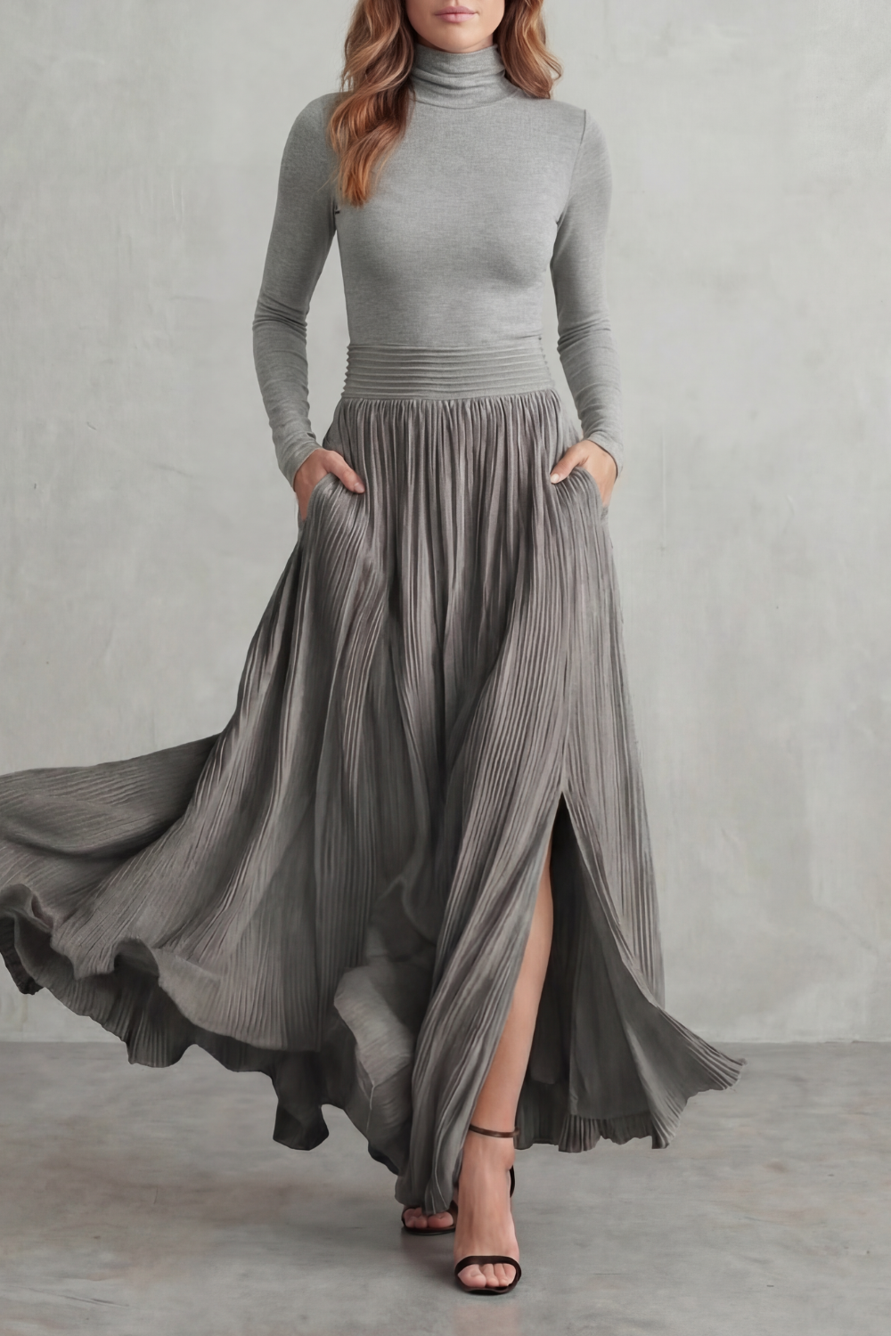 Women's Turtleneck Top and Pleated Maxi Skirt Co-ord Set Devraine, view 5 - Elena Harper