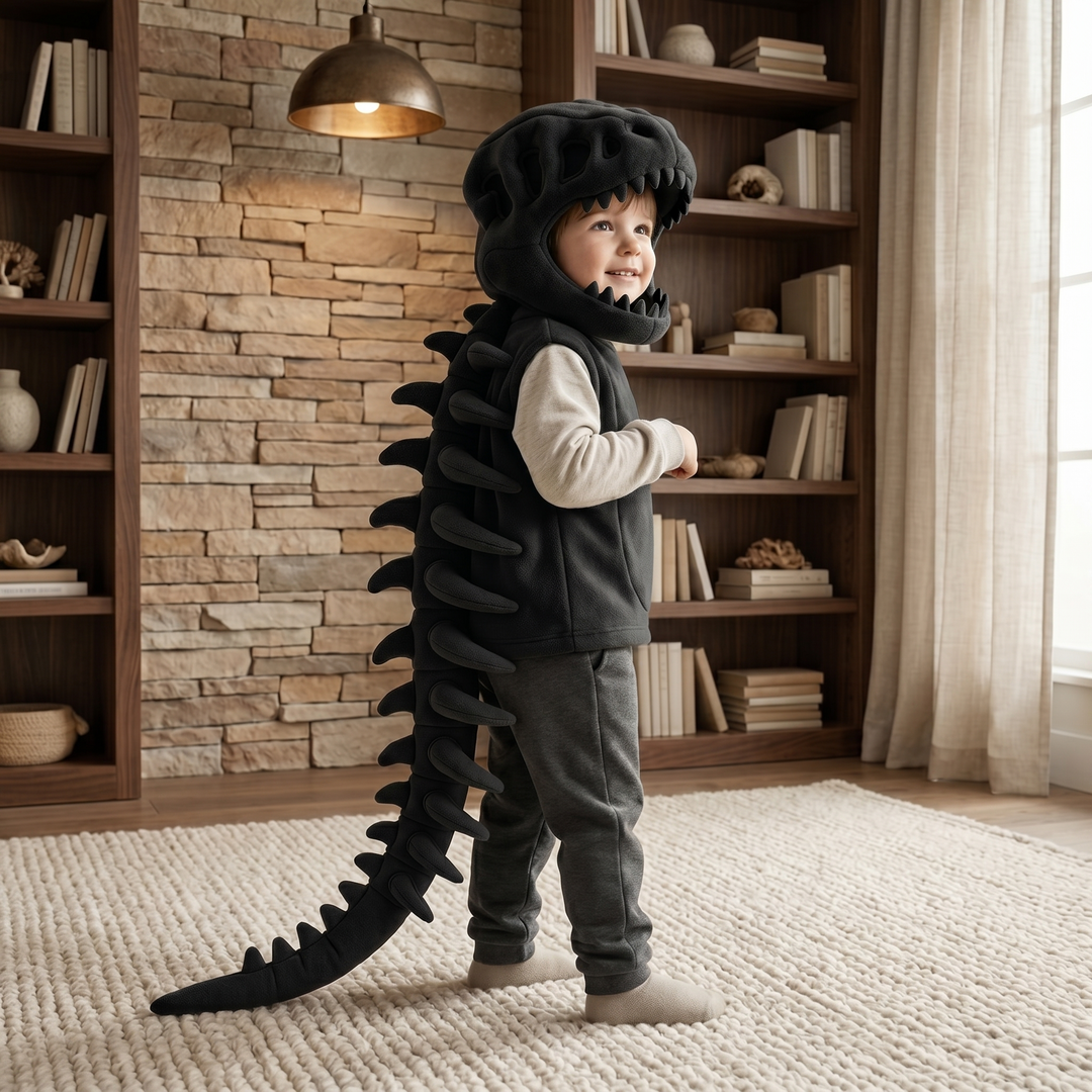 Kids Dinosaur Cape with Hood – Plush Skeleton Back