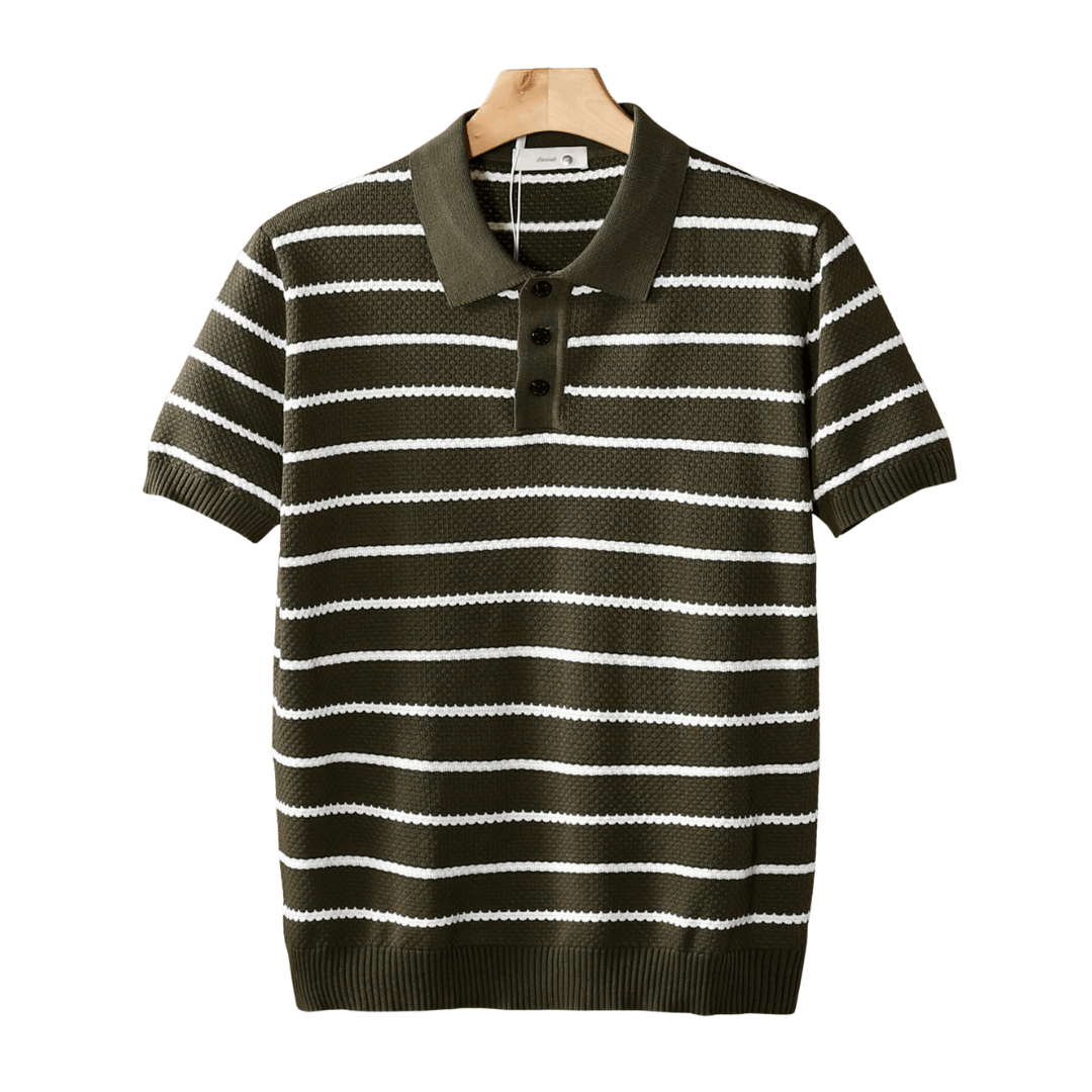 Hannes™ striped textured button polo shirt in blue and white by Emma & Rose Manhattan, casual men's fashion top.