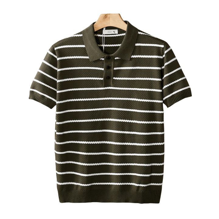 Hannes™ striped textured button polo shirt in blue and white by Emma & Rose Manhattan, casual men's fashion top.