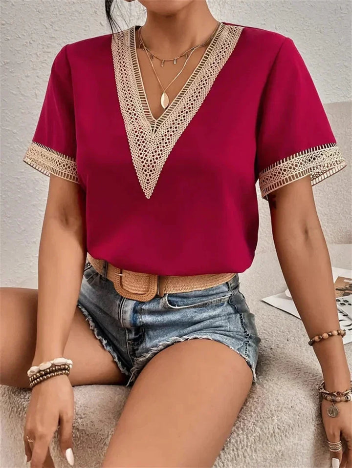Niva | Elegant Short Sleeve Lace V-Neck Blouse