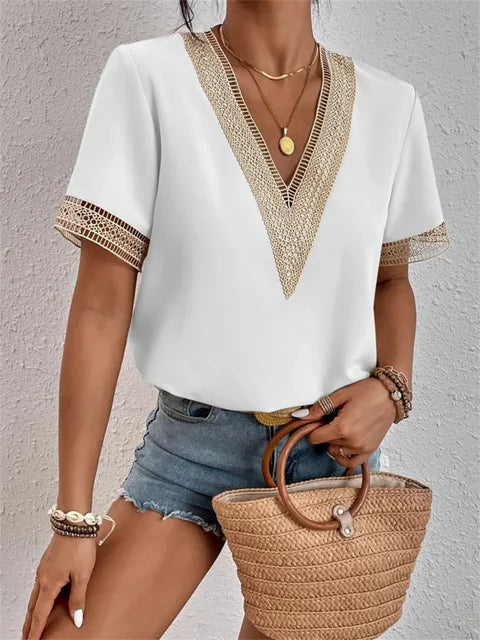 Niva | Elegant Short Sleeve Lace V-Neck Blouse