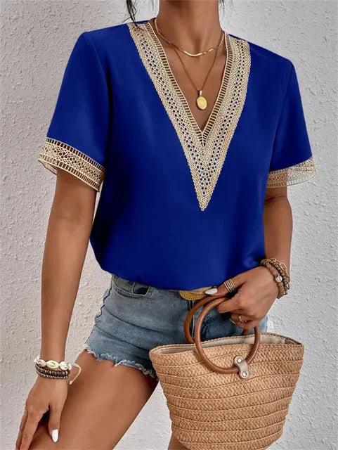 Niva | Elegant Short Sleeve Lace V-Neck Blouse