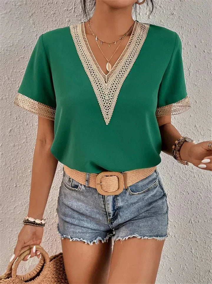 Niva | Elegant Short Sleeve Lace V-Neck Blouse