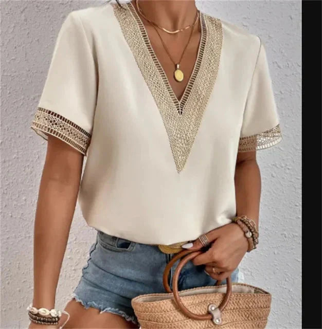 Niva | Elegant Short Sleeve Lace V-Neck Blouse