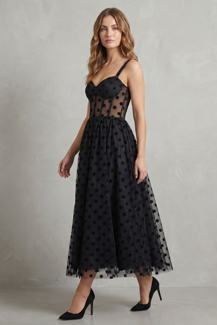 Noirabelle – Polka dot mesh elegance – Midi dress