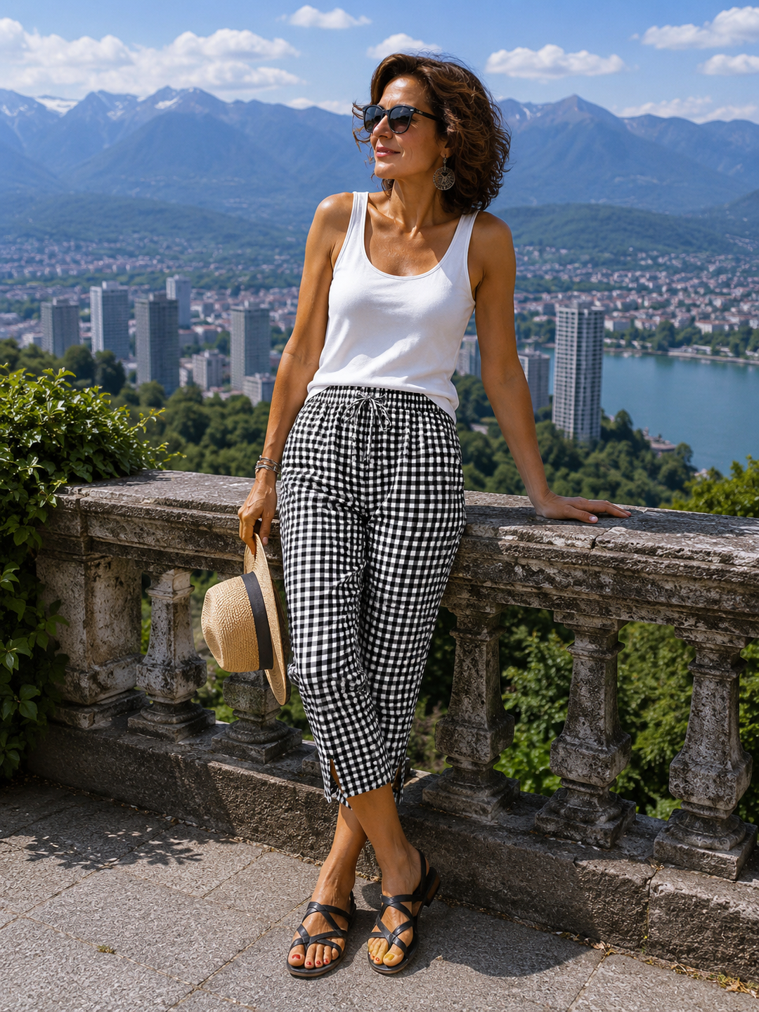 Women's Capri Pants in Vichy Check with Elastic Waist