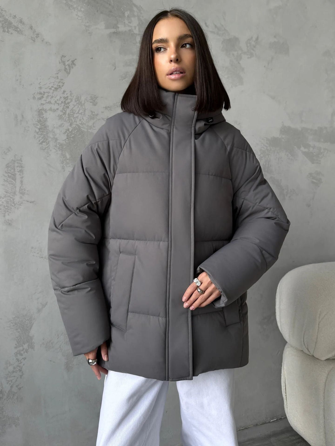 Women's Oversized Padded Jacket with Hood and Integrated Pockets