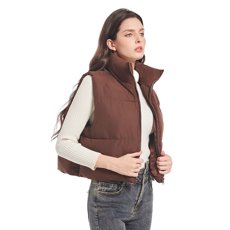 Women's Ultralight Short Padded Vest with High Stand-Up Collar and Drawstring