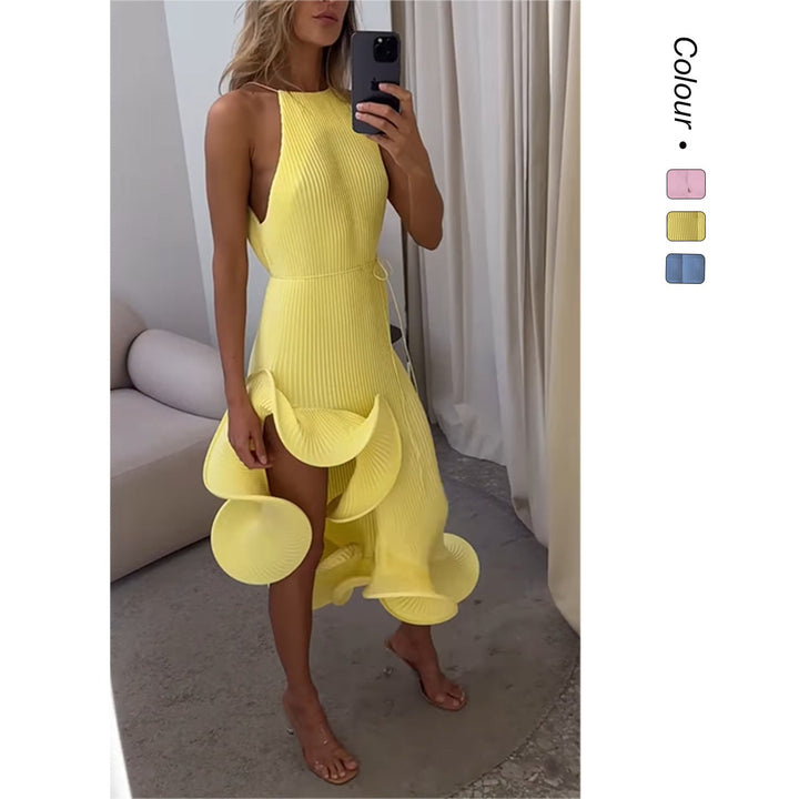 Women's Asymmetrical Ruffle Pleated Maxi Dress
