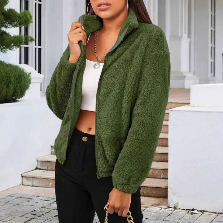 Women's Teddy Zip Jacket with High Collar and Relaxed Fit