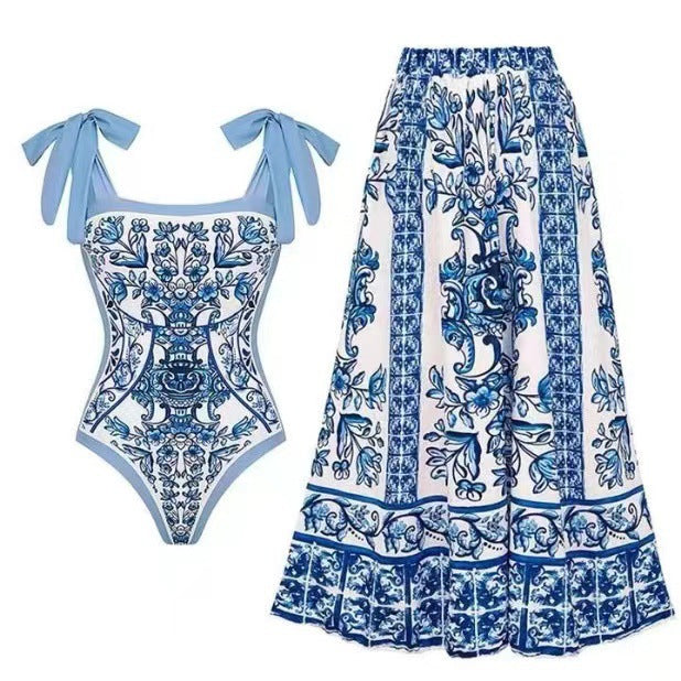 Women's Swimsuit with Floral Print and Matching Wrap Skirt EB