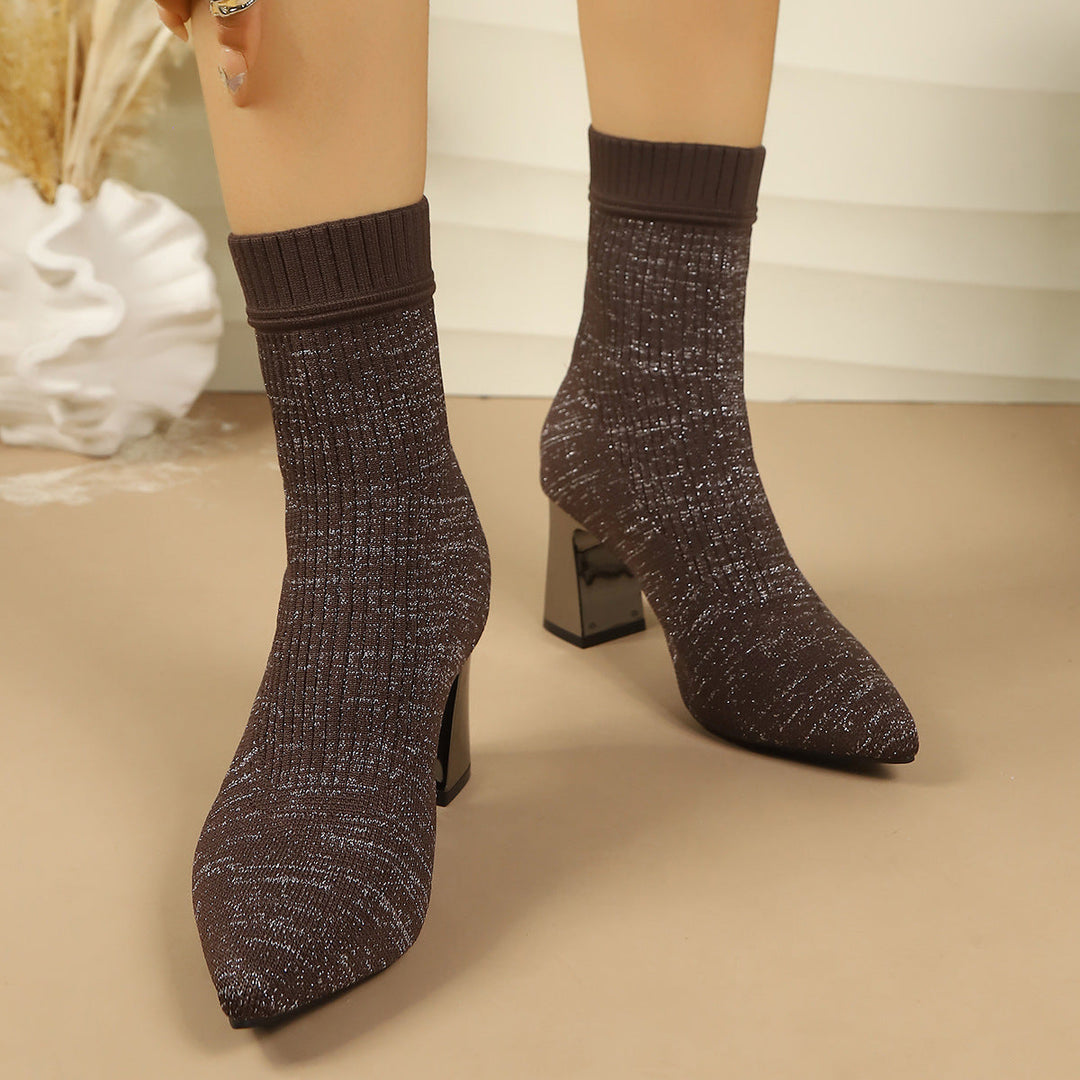 Women's Sock Ankle Boots with Block Heel and Ribbed Texture