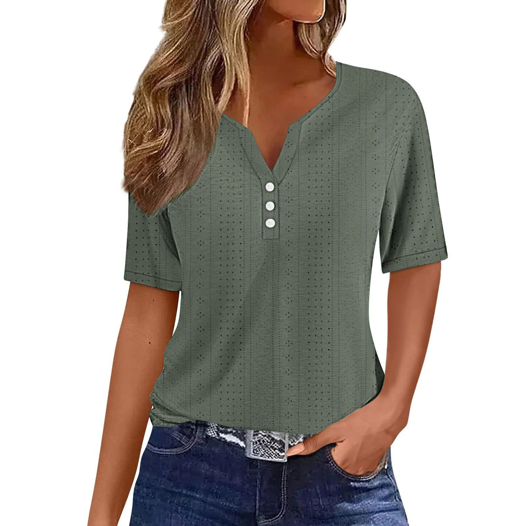 Women's Elegant Mesh Short Sleeve Blouse with Button Detail
