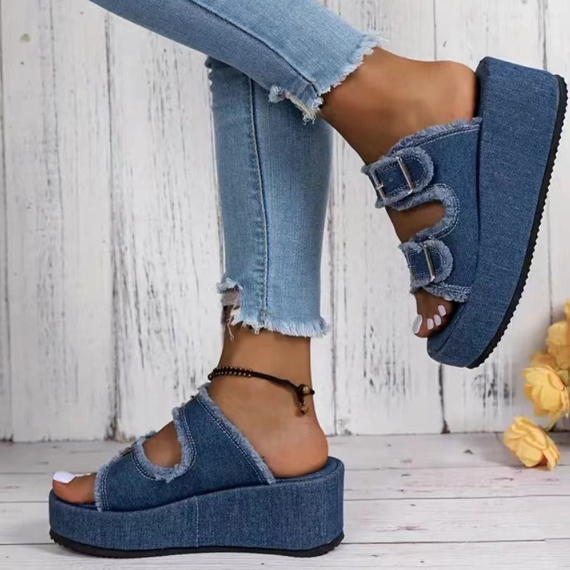 Women's Comfortable Denim Platform Sandals with Double Strap EB, view 3 - Elena Harper