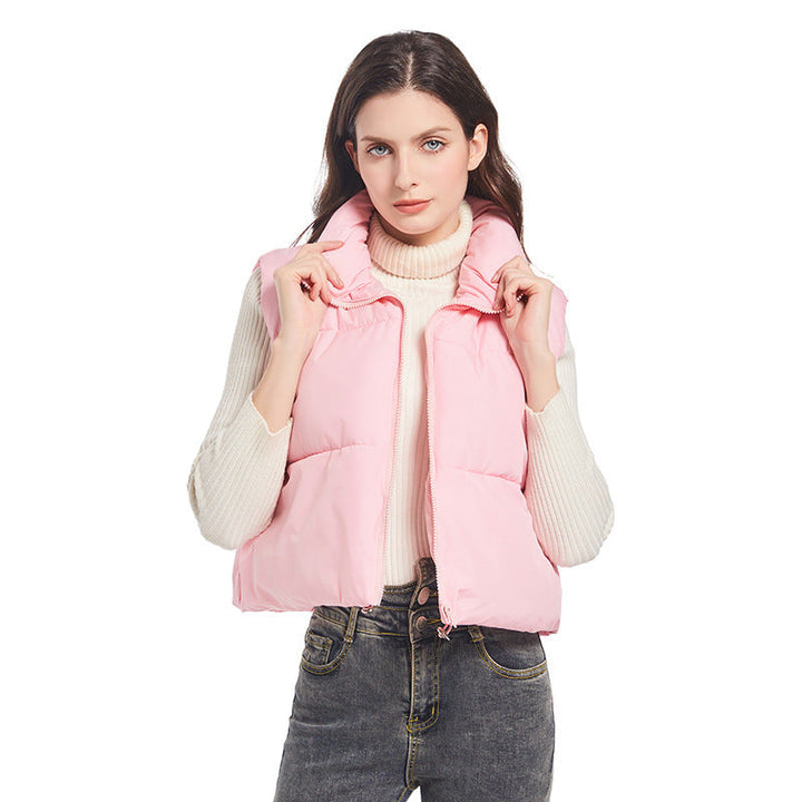 Women's Ultralight Short Padded Vest with High Stand-Up Collar and Drawstring