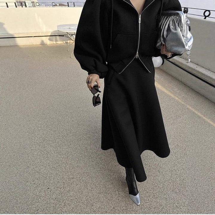 Women's Sweat Set with Balloon Sleeves and Flared Midi Skirt