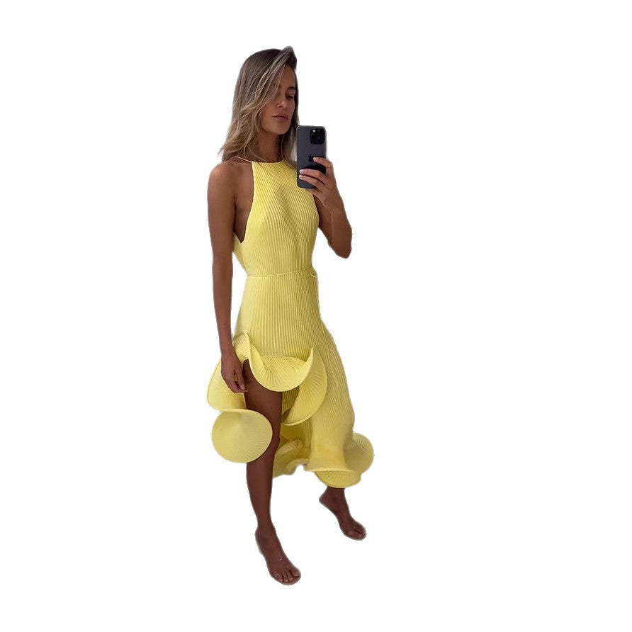 Women's Asymmetrical Ruffle Pleated Maxi Dress