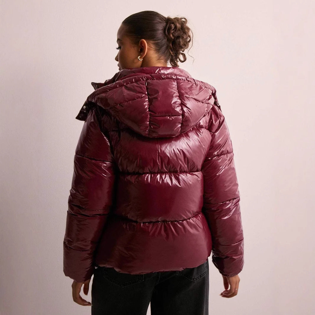 Ladies Shiny Padded Jacket with Removable Hood – Lightweight