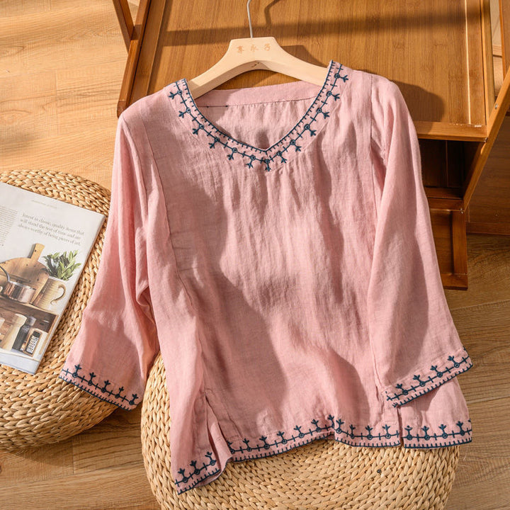 Nesta – Embroidered V-Neck Blouse