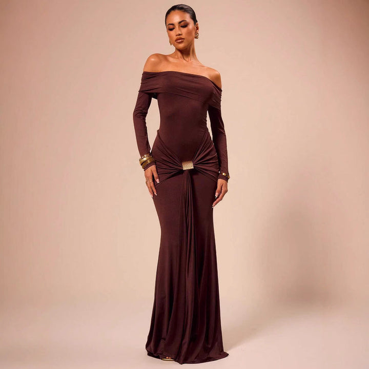 Ladies Evening Dress with Off-Shoulder Silhouette and Elegant Ruching EB