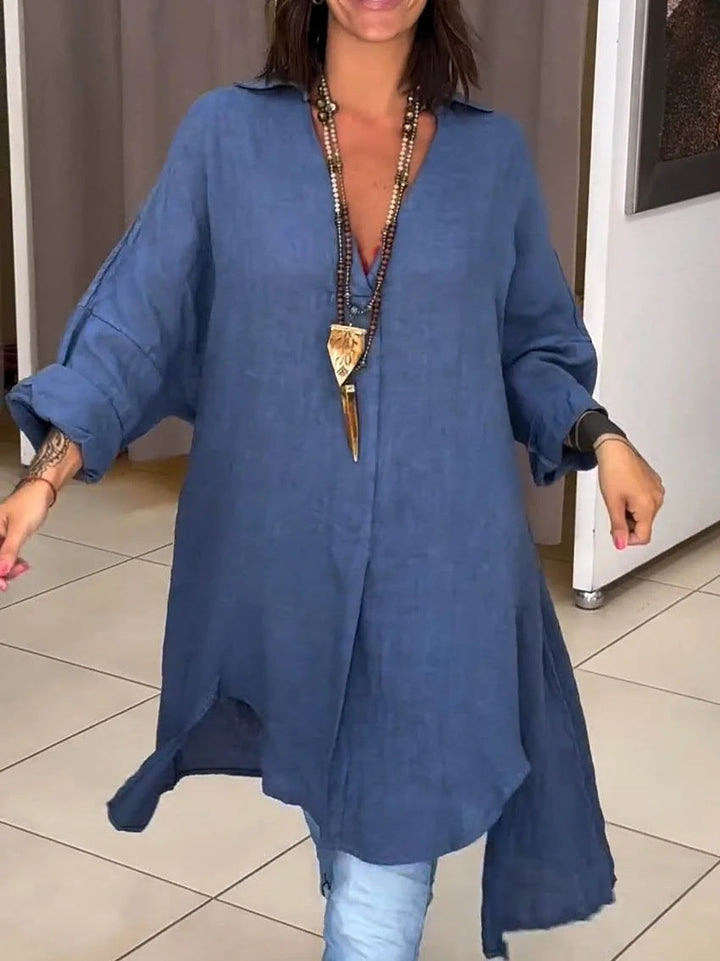 Women's Casual Button-Down Blouse with Roll-Up Sleeves