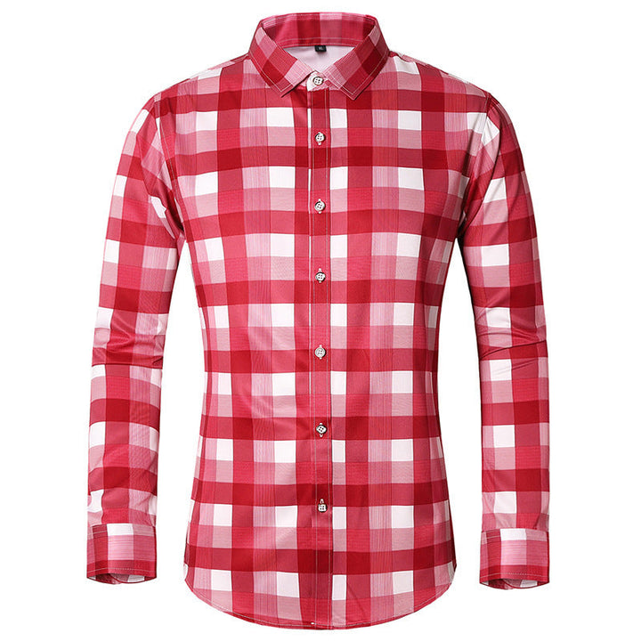 Men's Red Check Flannel Shirt Long Sleeve Button-Front