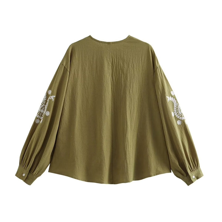 Women’s Embroidered Blouse with Balloon Sleeves and V-Neck EB