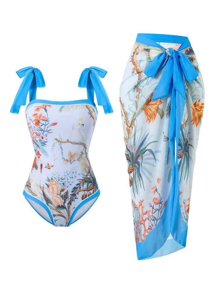 Women's Swimsuit with Floral Design and Transparent Wrap Skirt EB