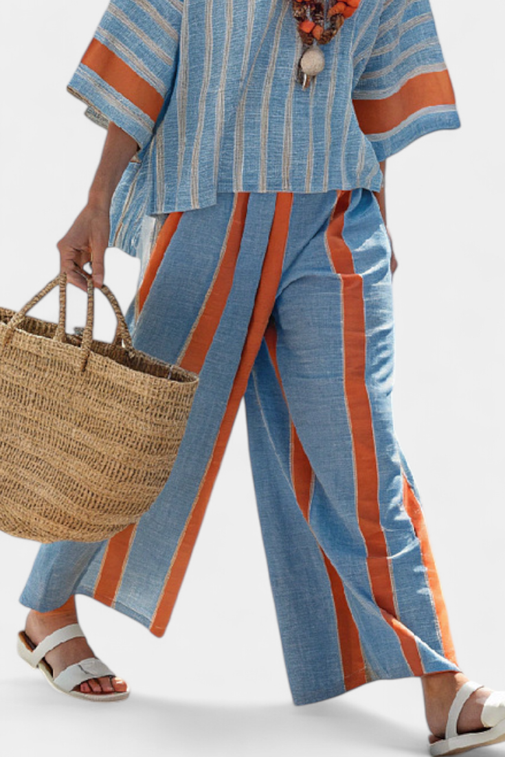 Meresa | Sophisticated terracotta striped top and linen trousers