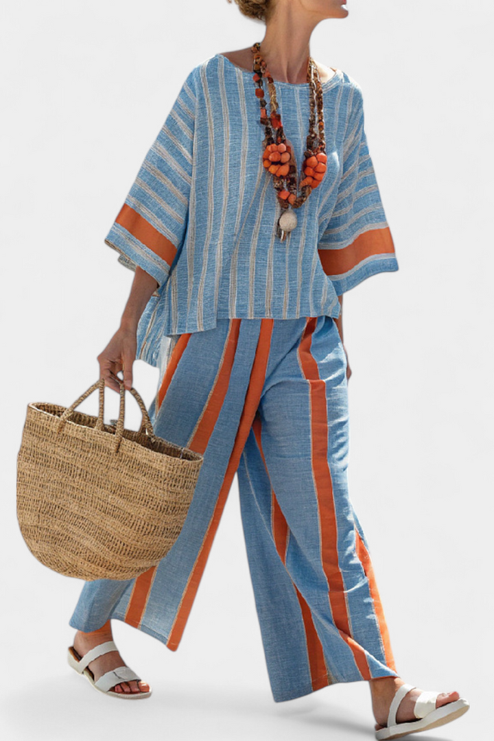 Meresa | Sophisticated terracotta striped top and linen trousers