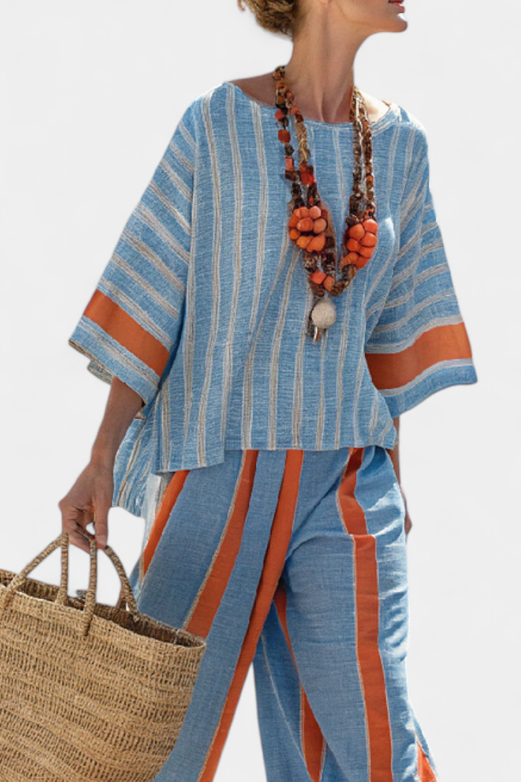 Meresa | Sophisticated terracotta striped top and linen trousers