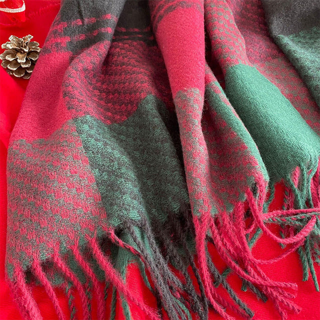 Fringed Scarf with Christmas Plaid Print