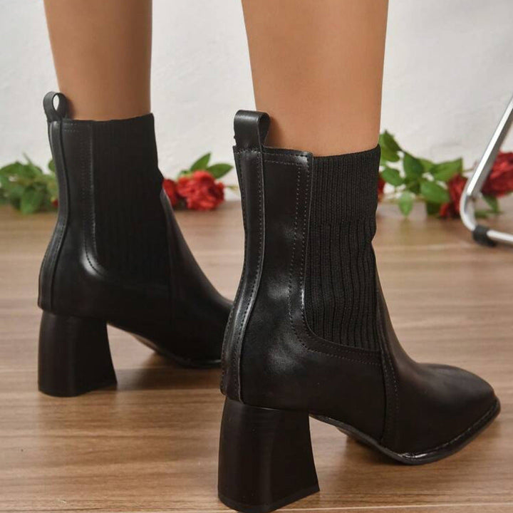 Women's Slip-On Ankle Boots with Block Heel and Knit Shaft