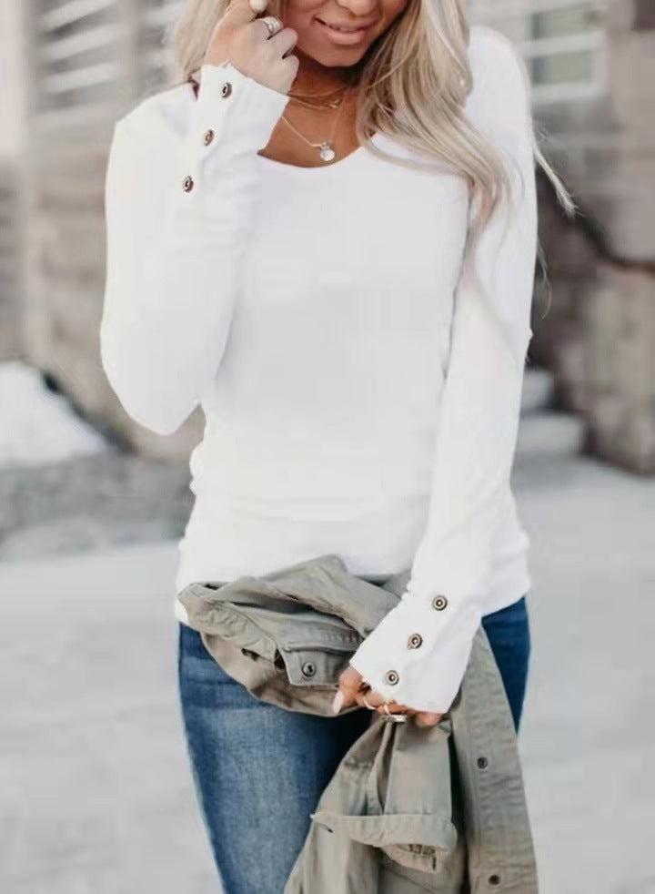 Women's Slim Fit V-Neck Long Sleeve Top with Button Detail