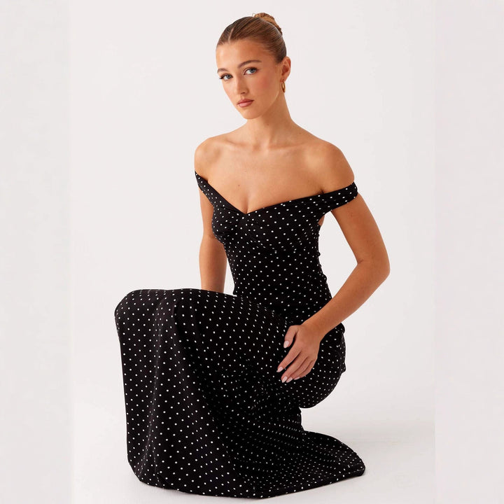 Women's Evening Dress with Off-Shoulder Design and Elegant Polka Dot Pattern EB