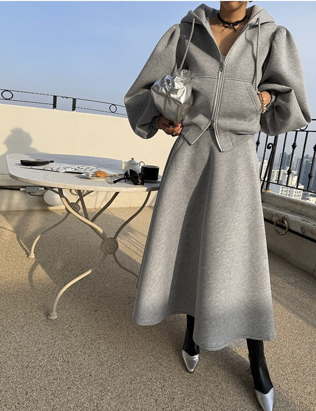 Women's Sweat Set with Balloon Sleeves and Flared Midi Skirt