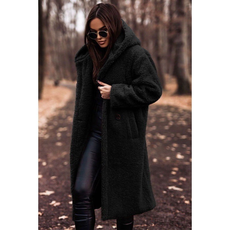 Women's Teddy Coat with Hood and Large Buttons