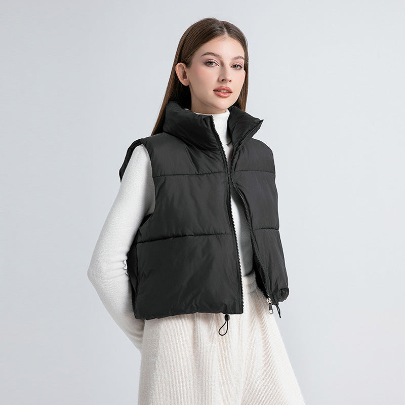 Women's Ultralight Short Padded Vest with High Stand-Up Collar and Drawstring
