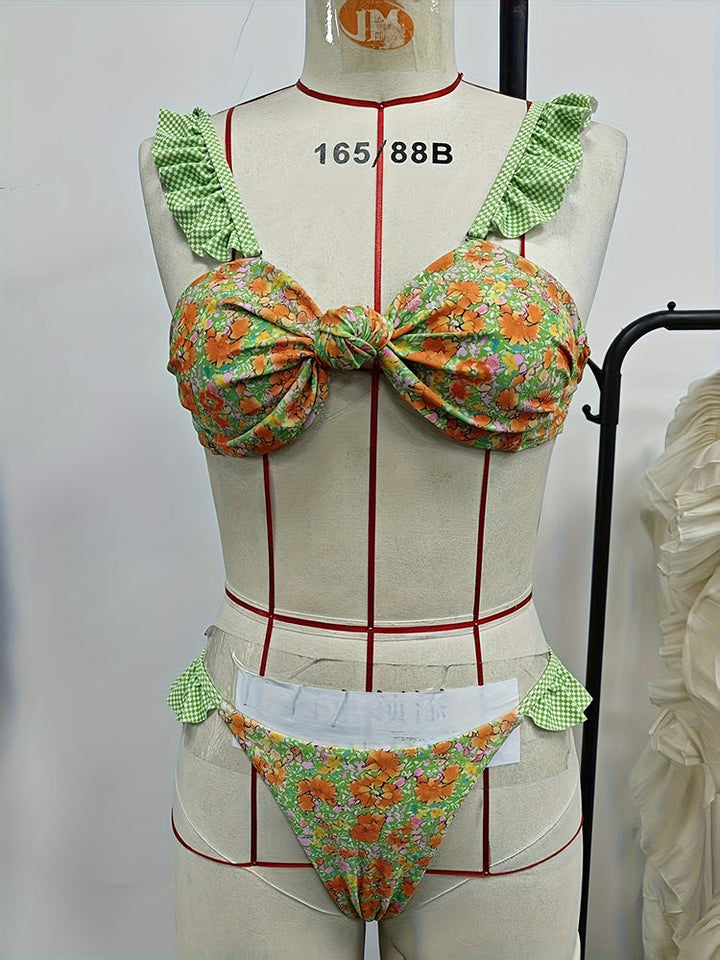 Ladies Bikini with Colorful Ruffles and Floral Design EB