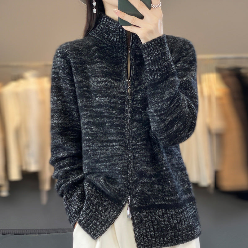 Women's Zip-Up Cardigan with Stand-Up Collar