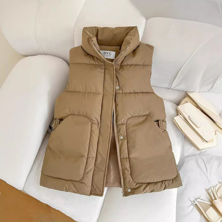 Women's Padded Utility Vest with Stand-Up Collar and Large Flap Pockets